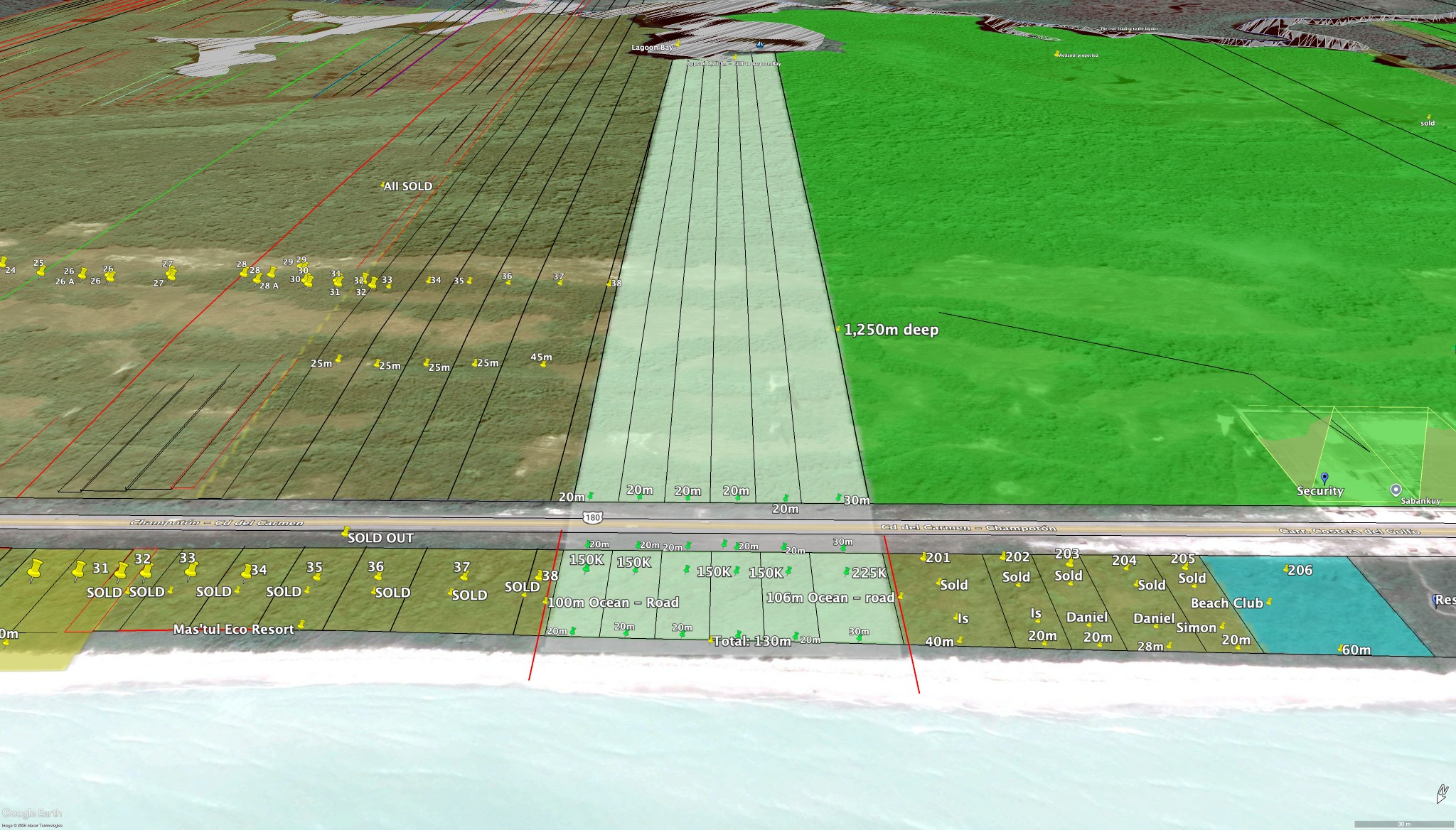 Current Playa Mundo Maya 130 meter beachfront-to-lagoon property map